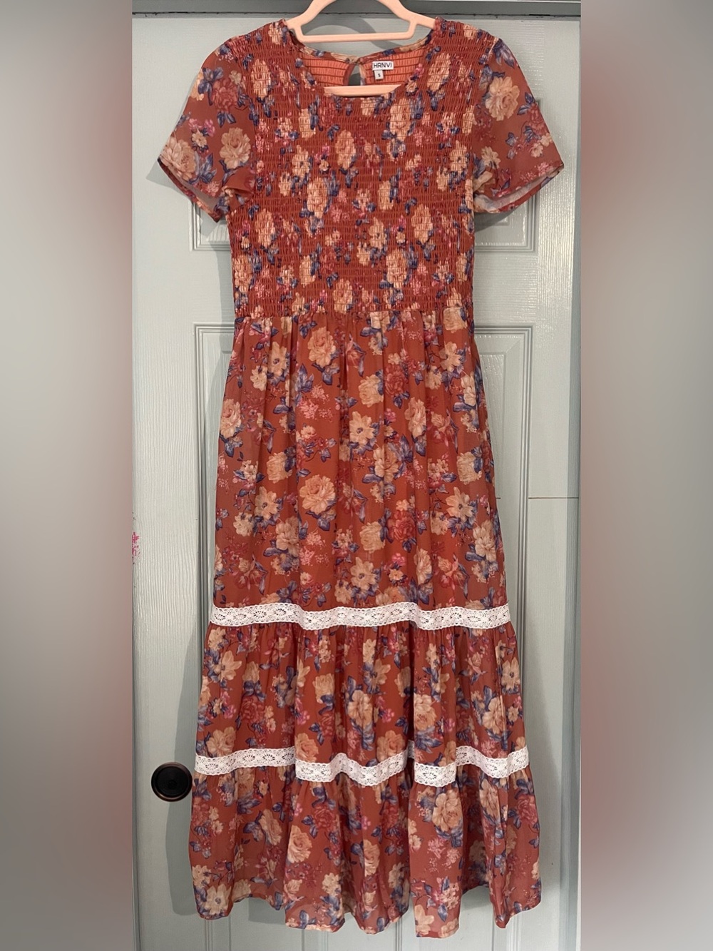 Fehrnvi Rust Floral Maxi Skirt with Lace Trim